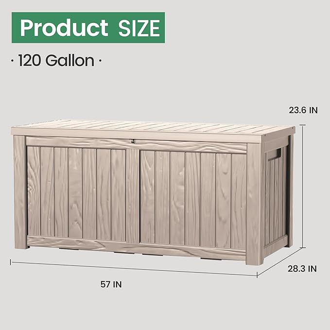 120 Outdoor Storage Box, Waterproof Resin Deck Box for Indoor & Outdoor Use, Lockable Storage Bench with Piston Hinge, Storage Bin for Patio Cushions, Garden Tools, Package Delivery, Grey-Ruum Studio Home