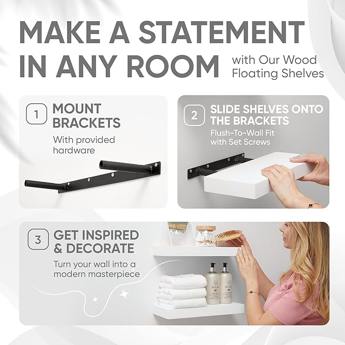 Homeforia White Floating Shelf 18 inch, High End Solid Real Wood 18inch Bathroom Floating Shelves for Wall Mounted, White Wooden 18in Floating Shelves, Heavy Duty Bracket, 18 X 6.5 X 1.75 in, Set of 2