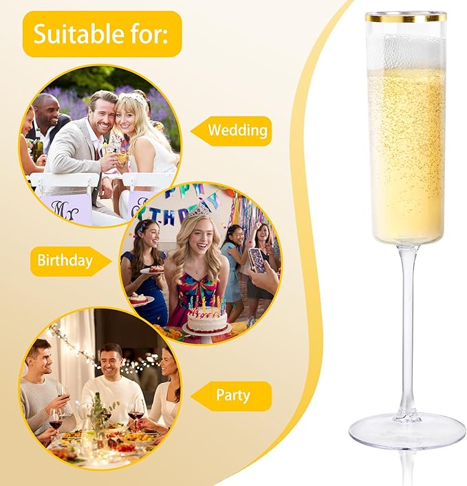 Ciaell 24 Pack Plastic Champagne Flutes - 6Oz Gold Rim Disposable Champagne Glasses - Square Clear Plastic Toasting Glasses for Party Birthday Anniversary Wedding-Ruum Studio Home