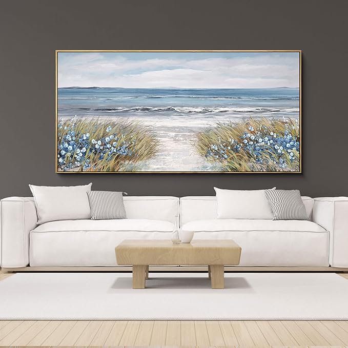 XLSJERST Large Framed Wall Art for Living Room Decor - Farmhouse Boho Beach Coastal Vintage Floral Ocean Wall Picture Flowers Sea Canvas Print Artwork for Home Bedroom Office 29x58-Ruum Studio Home