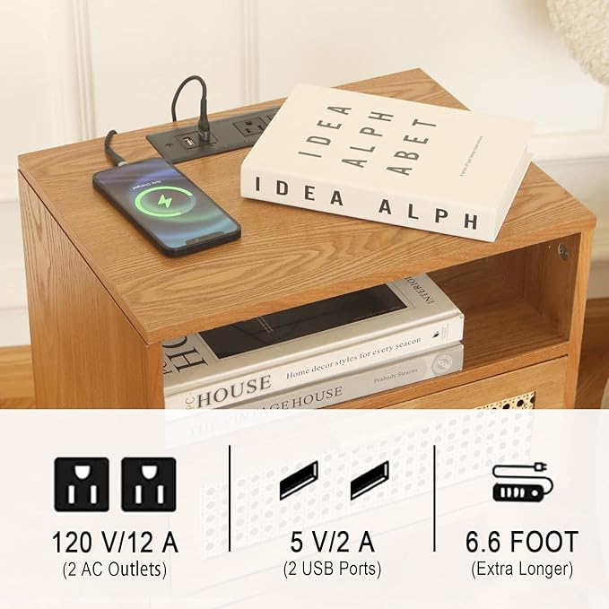 MaxSmeo Mid Century Modern Nightstand with Charging Station, Bedside Tables with Rattan Drawer, Small Wood Nightstand Side Table for Living Room,Bedroom (Brown)-Ruum Studio Home