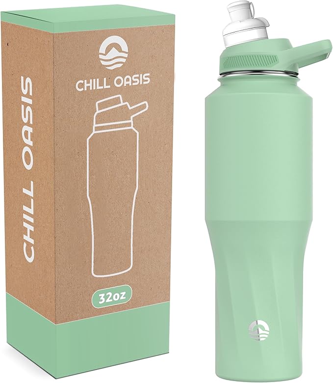 Chill Oasis Water Bottle | Compatible With Popular Flavor Cartridges | BPA Free, Leak Proof, Double-Walled Vacuum Insulated Stainless Steel, and Dishwasher Safe | Cold for 24 Hours (Sage, 32oz)-Ruum Studio Home