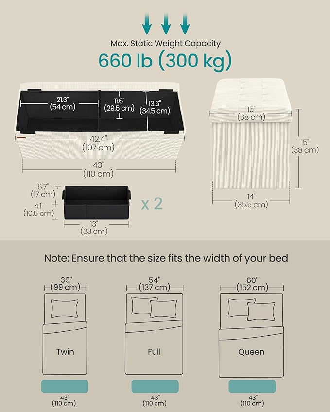 SONGMICS MAZIE Collection - Storage Ottoman Bench, Foldable Foot Rest, 15 x 43 x 15 Inches, End of Bed Bench, Storage Chest, Load 660 lb, Living Room, Bedroom, Entryway, Cream White ULSF604W01-Ruum Studio Home