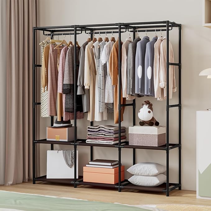 SORCEDAS Portable Closet Wardrobe Storage Organizer Metal Hanging Rack Non-Woven Fabric 50 Inch (Coffee)-Ruum Studio Home