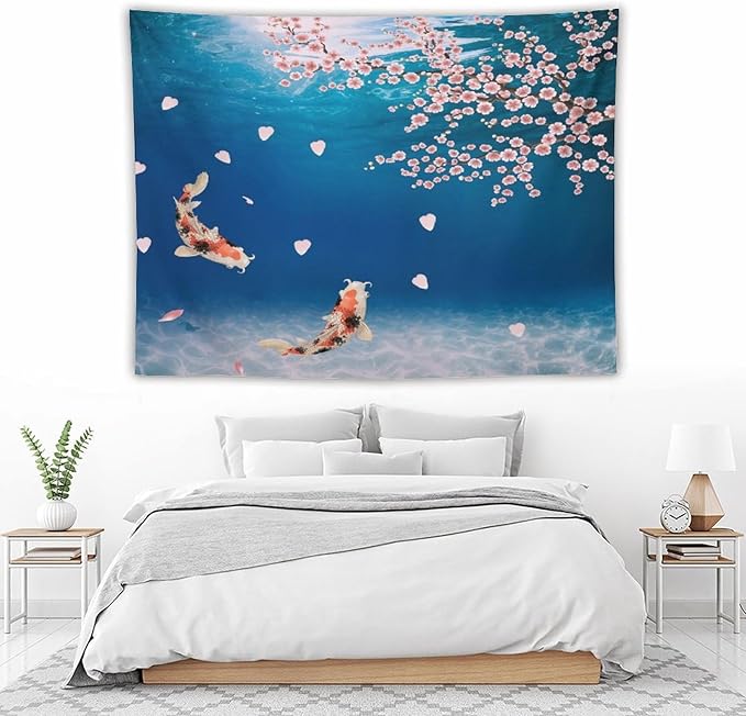 Japanese Koi Fish Tapestry, Cherry Blossoms Asian Oriental Blue Floral Branch Koi Fish Carp Tapestries Wall Hanging for Bedroom Living Room Office Decor 80"x60"-Ruum Studio Home