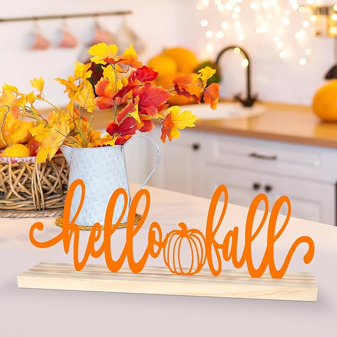 COCHIE Metal Hello Fall Sign, Orange Fall Decorations for Home, Office, Shelf, Mantel, Indoor, Autumn Decoration, Pumpkin Decor (Autumn B)-Ruum Studio Home