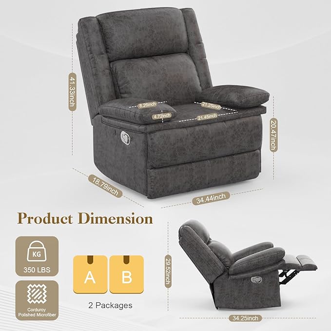 Recliner Chair for Adults, Oversized Manual Pull Tab Reclining Chair, 2-Tier Cushions, Minimalist Style Single Sofa for Living Room, RV (Polished Microfiber)-Ruum Studio Home