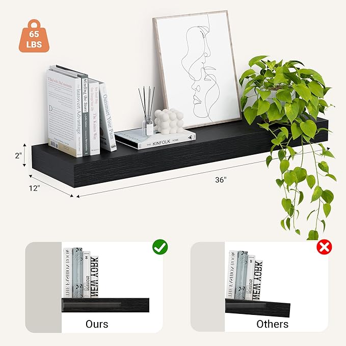 Heimlove 12" Deep Floating Shelves, 36 x 12 Inch Wall Mounted Long Floating Shelf with Invisible Brackets, for Home Decor, Bedroom, Kitchen, Living Room, Bathroom - 1 Pack, Black-Ruum Studio Home