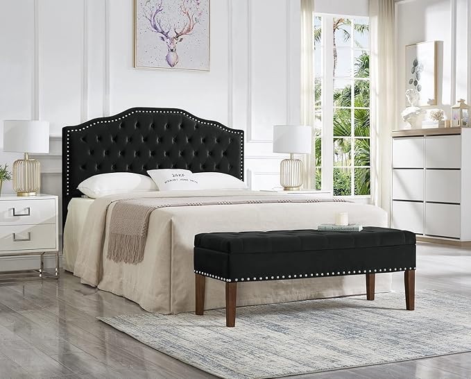 24KF Upholstered Button Tufted Queen Size Full Size Headboard with Nailhead Trim, Soft Velvet Fabric Headboard Queen/Full Size Headboad-Black-Ruum Studio Home