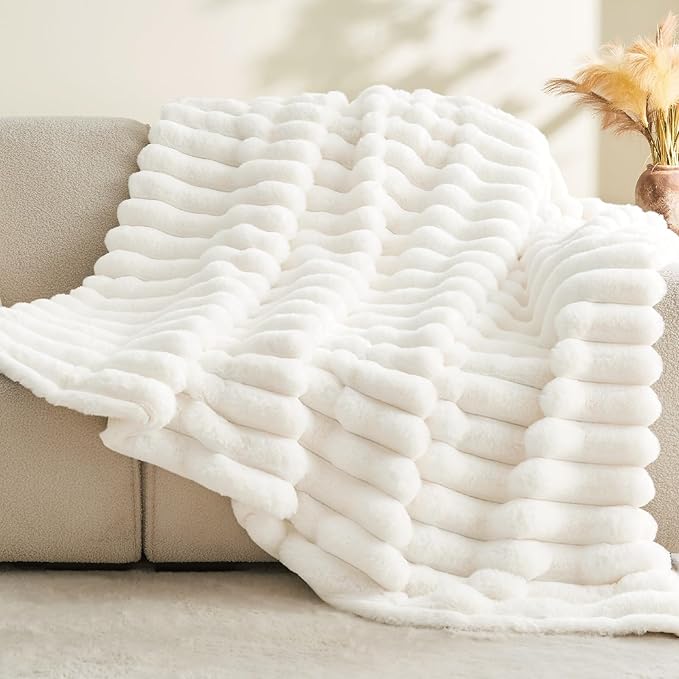BEDELITE Faux Fur Throw Blanket for Couch, Soft and Cozy Luxurious 3D Striped Fluffy Blanket, 770GSM Thick Warm Plush Fuzzy Faux Rabbit Fur Blanket for Women Gift (Cream, 60"x 80")-Ruum Studio Home