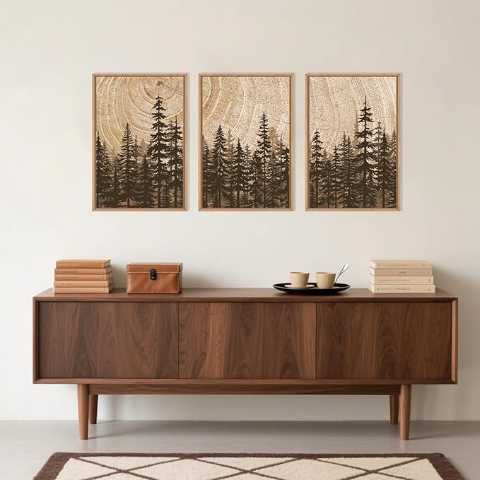 Pine Tree Framed Canvas Wall Art Set, Natural Woodland Landscape Wall Decor, Large Retro Forest Painting, Vintage Brown Artwork for Living Room, Bedroom, Kitchen, Study, Office - 16"x24"x3-Ruum Studio Home
