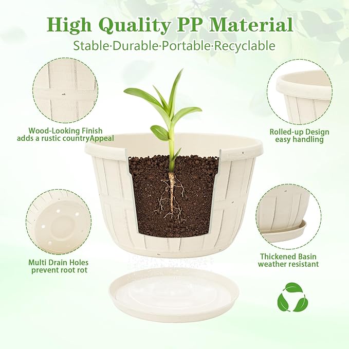 Quarut 12 Inch Large Planter Pot for Plants Indoor Outdoor, 4 Pack Plastic Flower Pots with Drainage Hole & Tray, Modern Decorative Garden Pot with Saucer, Plant Container for House（White）-Ruum Studio Home