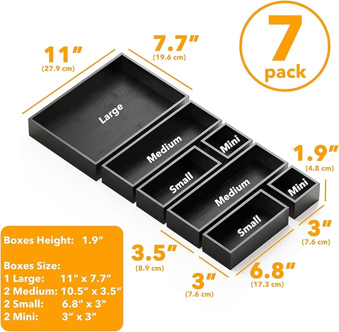 SpaceAid 7-Piece Bamboo Drawer Organizer Storage Boxes Set, Wood Tray Junk Drawer Organizers Multi-Use Divider Bins for Kitchen, Bathroom, Office Desk and Makeup Organization (7 Pack, Black)-Ruum Studio Home