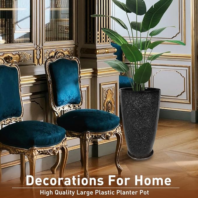 2 Pcs Pack 21 Inches Plastic Resin Tall Tapered Planter Pots Large Round Planter Flower Pot with Drainage Holes for Indoor Outdoor Deck Porch Garden Home Patio Front Door (Black, L)-Ruum Studio Home