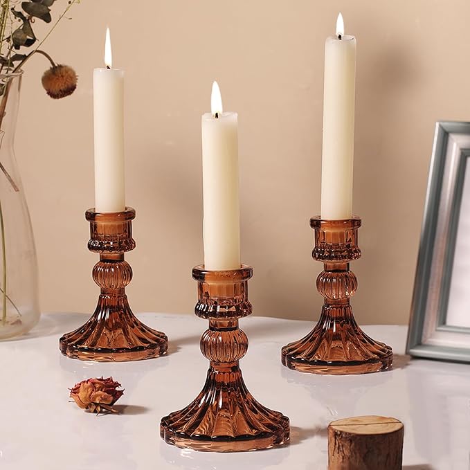 12PCS Amber Candlestick Holders Set- 4" H Taper Candle Holders, Glass Candle Holders Bulk for Wedding, Party, Fall Home Table Centerpieces, Festival Gifts & Windowsill Decor-Ruum Studio Home