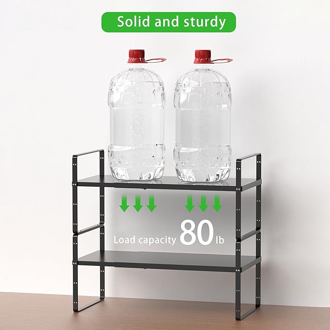 Expandable Cabinet Storage Shelf Stackable Organizer Rack for Kitchen Bathroom Pantry Spice Cupboard Countertop Home Office Desk Heavy Duty Nonslip Black Small 3 Pack-Ruum Studio Home