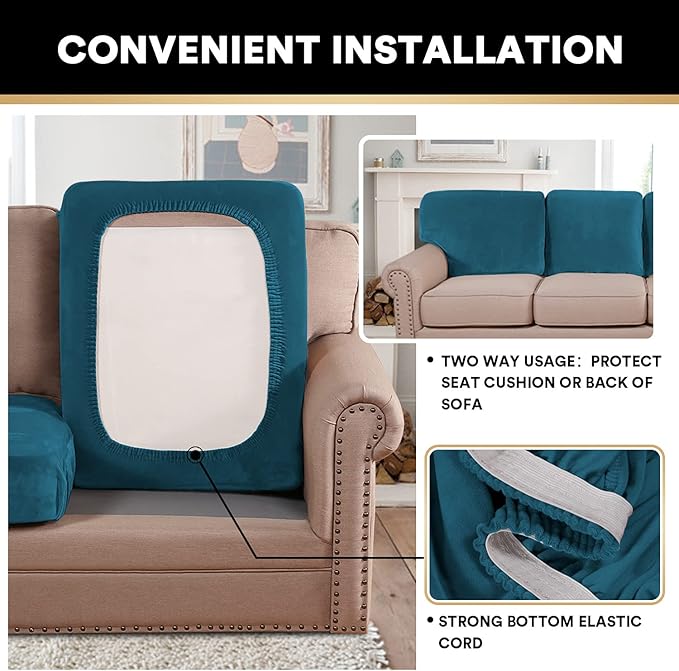 PrinceDeco Couch Cushion Cover Cushion Slipcover for Chair Sofa Cushion Furniture Protector Seat Cushion Sofa Cover for Dog Pet Kid with Elastic Straps Width Up to 29.5", Deep Teal-Ruum Studio Home