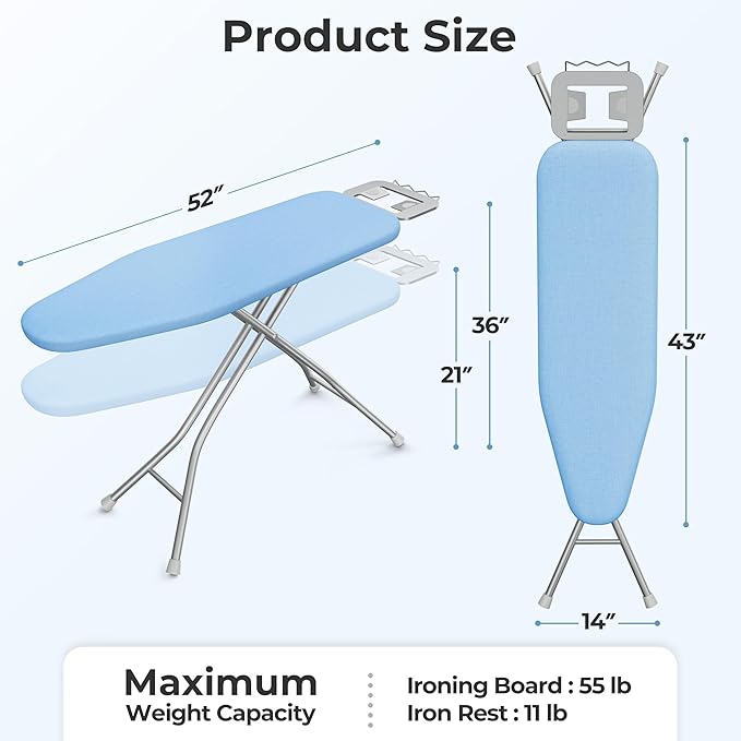 Yaheetech Foldable Ironing Board, Heavy Duty Iron Board with 9 Adjustable Heights, 4 Layer Cover and Safety Iron Rest, 52X14 Compact and Space Save Iron Board for Home Laundry Room Use, Blue-Ruum Studio Home