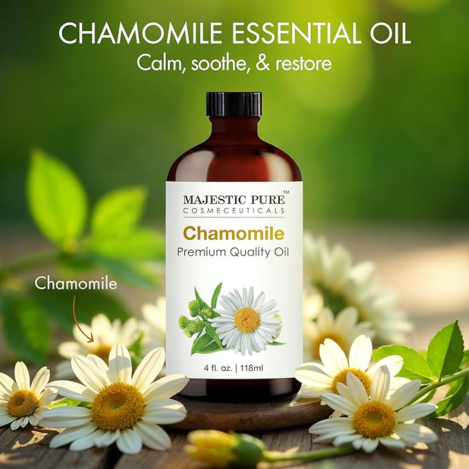 Majestic Pure Chamomile Essential Oil with Glass Dropper - Huge 4 Fl Oz - 100% Pure and Natural Chamomile Oil - Premium Grade Essential Oils for Diffuser, Aromatherapy, Soap and Candle Making-Ruum Studio Home