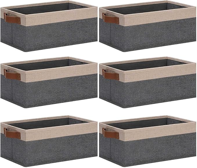 GhvyenntteS Small Fabric Storage Bins 6 Pack, 11.8" x 7.87" x 5.11" Storage Basket with Leather Handles, Closet Storage Bins for Shelves, Storage Baskets for Shelves, DVD Storage (Grey/Beige Yellow)-Ruum Studio Home