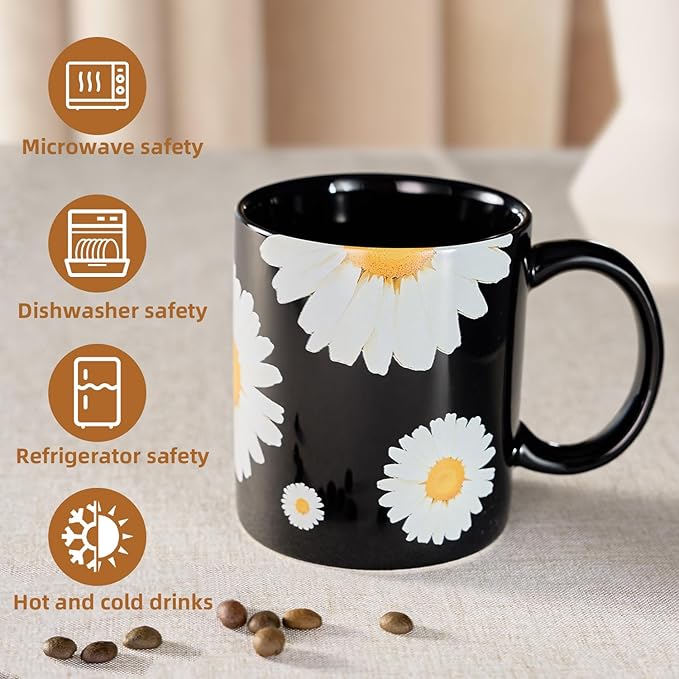 12Oz Daisy floral Black Ceramic Mug, Mug for Daily Coffee and Tea, Lead-free Microwave and Dishwasher Safe Coffee Mug, Perfect gifts for Women and men-Ruum Studio Home