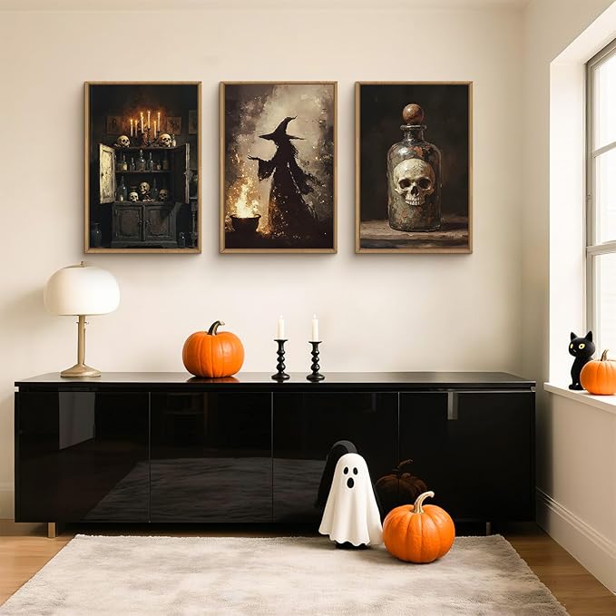 HPNIUB Halloween Witch Framed Canvas Wall Art Set, Terrifying Skeleton Poster Artwork, Vintage Halloween Wall Decor, Dark Academia Gothic Pictures for Bedroom Living Room Bathroom Party-16 x24 x3-Ruum Studio Home