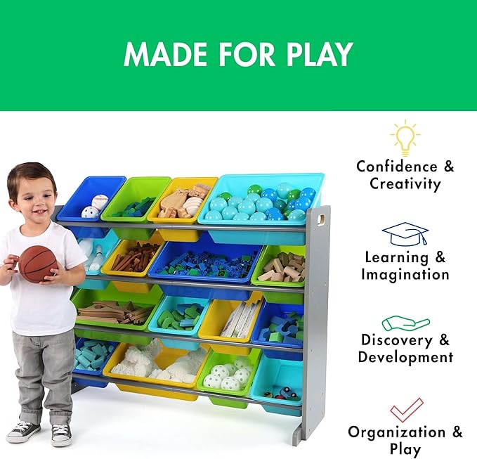 Humble Crew Supersized Toy Storage Organizer with 16 Removable Bins, Grey/Blue/Green/Yellow – Large Toy Storage for Toddlers Ideal for Kids' Rooms, Playrooms, and Nurseries - Modern Toy Bins for Kids-Ruum Studio Home