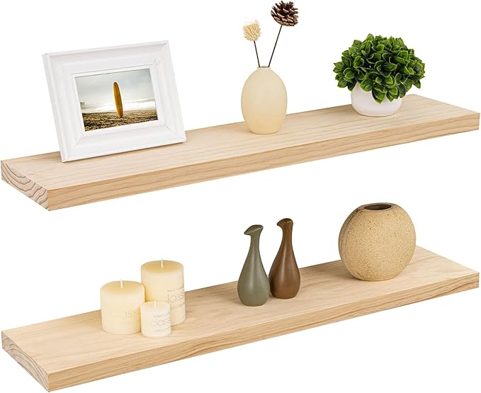 Fun Memories 36 Inch Floating Shelves for Wall, Deep Rustic Solid Pine Wood Wall Shelves for Storage - Farmhouse Wall Mounted with Heavy-Duty Metal Bracket, 36" W x 8" D, Set of 2,Unfinished-Ruum Studio Home