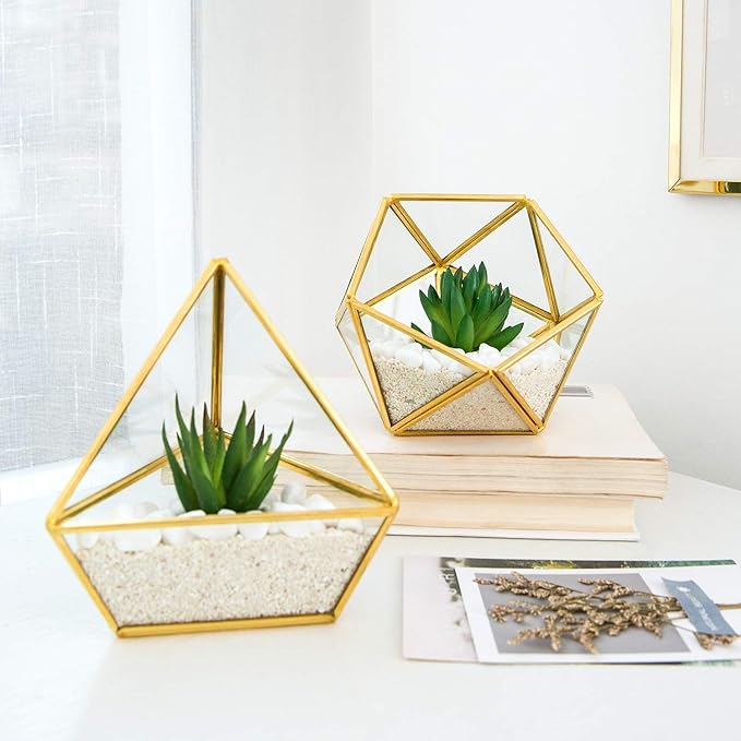 Mkono 4 Inches Mini Glass Geometric Terrarium Container Set of 3 Modern Tabletop Planter Shelves Decor Display Centerpiece for Succulent Miniature Fairy Garden Air Plant, Gold (Plant Not Included)-Ruum Studio Home