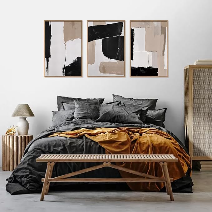 HLNIUC Large Framed Neutral Abstract Canvas Wall Art,Black and White Abstract Wall Decor Set of 3(16”X24”)Modern Minimalist Color Block Art Print,Beige Mid Century Wall Painting for Living Room,Office-Ruum Studio Home
