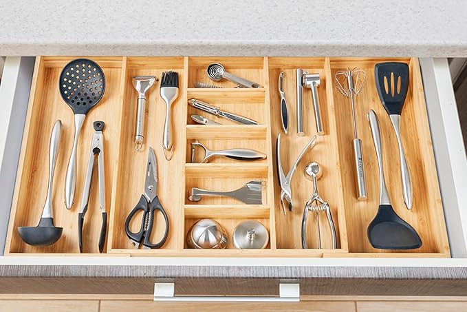 Umilife Extra Large Expandable Kitchen Drawer Organizer for Utensil and Junk, 19" Deep for Big Drawer, 19" to 33" Adjustable Bamboo Wood Drawer Divider, Cutlery Tray, Flatware Holder-Ruum Studio Home
