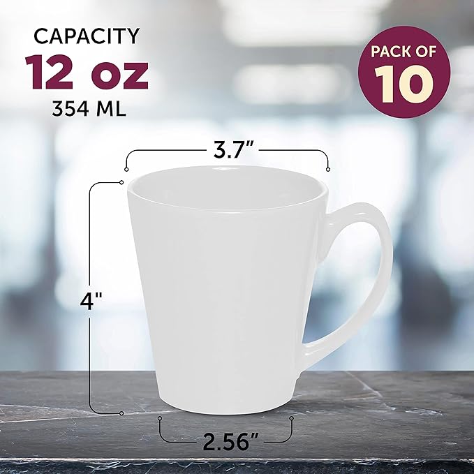 DISCOUNT PROMOS Glossy Ceramic Latte Coffee Mug 12 oz. Set of 10, Bulk Pack - Perfect for Tea, Espresso, Cappuccino, Hot Cocoa - White-Ruum Studio Home