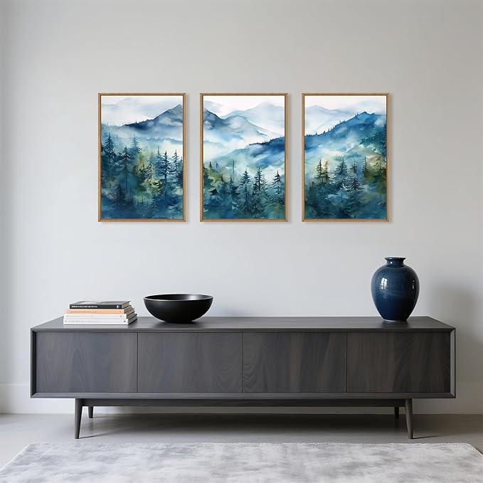 Celestdeco Blue Ridge Mountains Forest Framed Canvas Wall Art Set, Natural Landscape Wall Decor, Green Pine Trees Wall Painting, Woodland Artworks for Living Room, Bedroom, Dining Room - 24"x36"x3-Ruum Studio Home