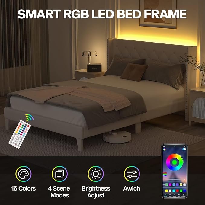 Queen Size Bed Frame with LED Lights, Upholstered Bed Frame with Wingback Diamond Tufted Headboard, Wood Slats Support, Noise-Free, Easy Assembly, No Box Spring Needed, Beige-Ruum Studio Home