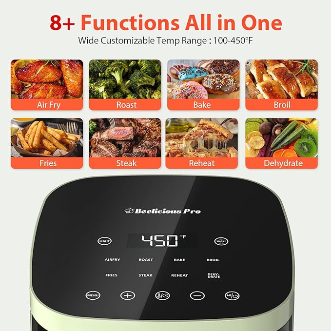 Air Fryer, Beelicious 8-in-1 Smart Compact 4QT Air Fryers, with Viewing Window, Shake Reminder, 450°F Digital Airfryer with Flavor-Lock Tech, Dishwasher-Safe & Nonstick, Fit for 1-3 People, Avo Green-Ruum Studio Home