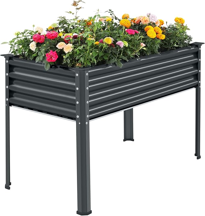 Land Guard Galvanized Raised Garden Bed with Legs, 48×24×32in Large Metal Elevated Raised Planter Box with Drainage Holes for Backyard, Patio, Balcony, 400lb Capacity(Grey)……-Ruum Studio Home