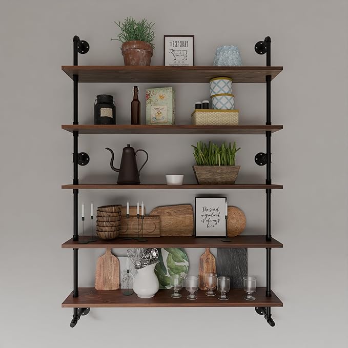 Industrial Pipe Wall Shelves Pipe Shelving with Real Wood Plank ,48 Inches Floating Shelves for Wall Farmhouse Pipe Book Shelves Dark Brown 5 Tier for Kitchen,Living Room Decor and Bar Shelving-Ruum Studio Home