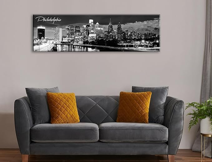 DJSYLIFE Philadelphia Skyline Canvas Art - 13.8"x47.3" Black & White Cityscape Wall Decor, Modern Panoramic Night View Print for Living Room, Office, Bedroom - Ready to Hang-Ruum Studio Home