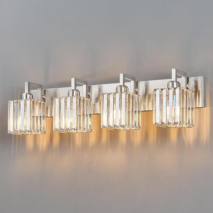 Modern Bathroom Vanity Light 4-Lights Brushed Nickel Vanity Light Crystal Wall Light Bathroom Light Fixtures-Ruum Studio Home