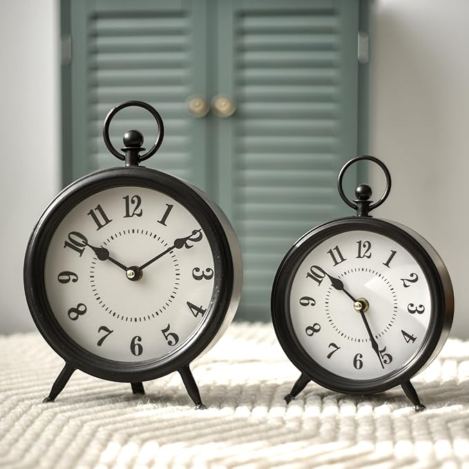 Vintage Black Table Clock on Stand, Decorative Desk and Shelf Clock，Decorative Battery Operated Table Top Clock for Living Room，Silent Non-Ticking(Small)-Ruum Studio Home
