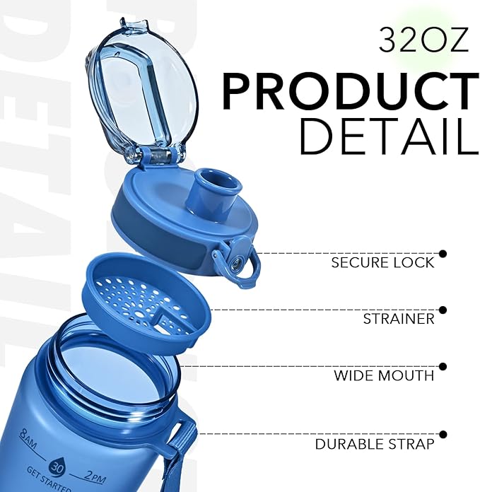 32oz Motivational Water Bottles with Time Marker & Fruit Strainer, Transparent Gradient Color Water Bottle with Times to Drink, Leakproof & BPA Free, Reusable Bottle with Strap (No Straw)-Ruum Studio Home