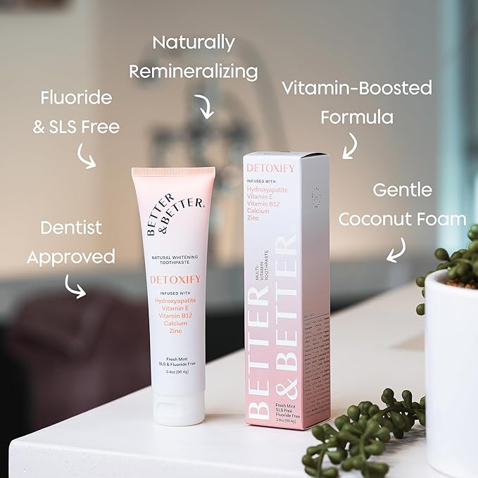 Better & Better Detoxify Hydroxyapatite Toothpaste | Whitening Toothpaste Infused w/Vitamins E & B12, Calcium & Zinc | Fluoride & SLS Free for Sensitive Brushers | Fresh Mint Flavor | 3.4oz, 3 Pack-Ruum Studio Home