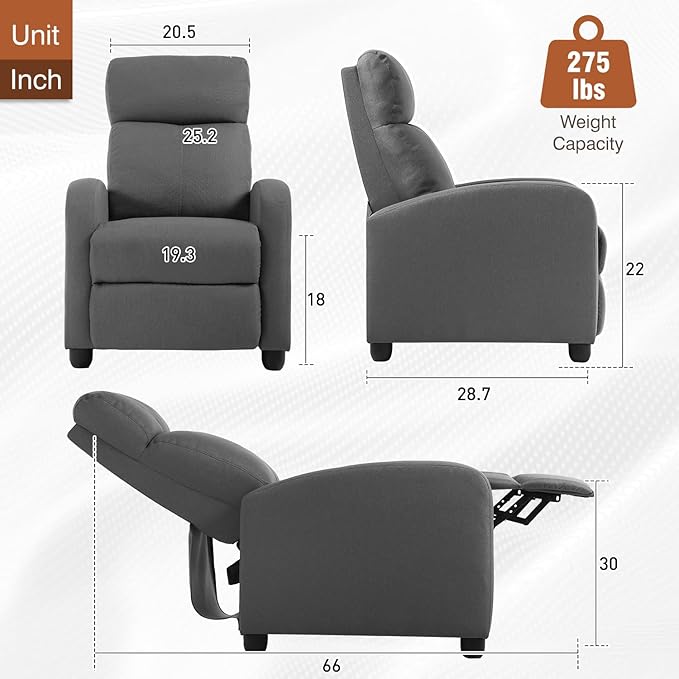 BestMassage | Recliner Chair | No Massage Function | Textile Grey | with Lumbar Support, Adjustable Push Back, Wide Armrests, Footrest & Padded Seat | Easy Assembly | for Living Room, Home Theatre-Ruum Studio Home