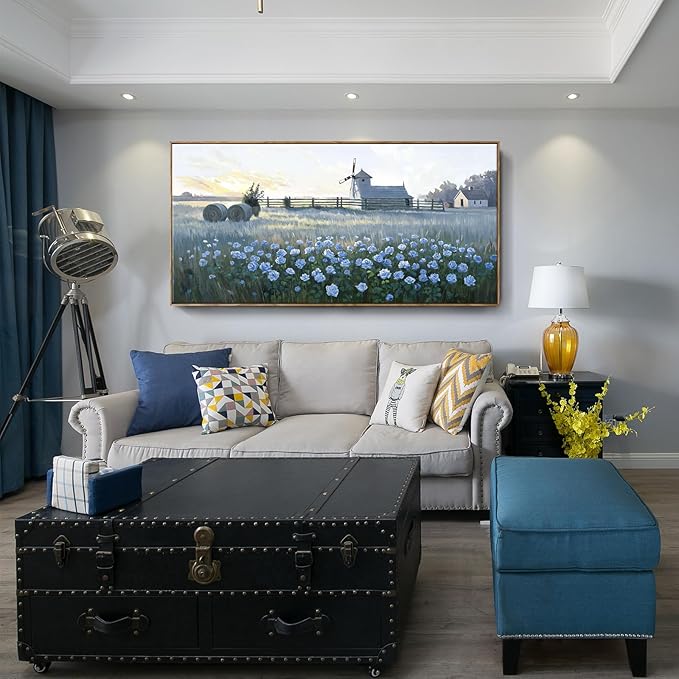 amatop Extra Large Wall Art Bedroom – Framed Country Landscape Canvas Art Blue Floral Field Windmill Print with Natural Wood Frame Rustic Wildflower Picture Home Decor for Living Room Office 58x29 Inch-Ruum Studio Home