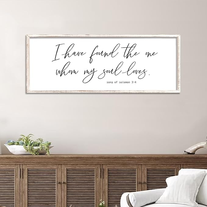 I Have Found The One Whom My Soul Loves Sign Wall Art Decor 40"x15" Modren Master Bedroom Above Bed Wood Framed Song of Solomon 3:4 Large Living Room Bible Verse Wall Hanging (White)-Ruum Studio Home