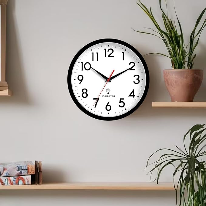 Atomic Wall Clock Analog 10 Inch Battery Operated Modern Decorative for Living Room Kitchen Office Bedroom Bathroom(Black)-Ruum Studio Home