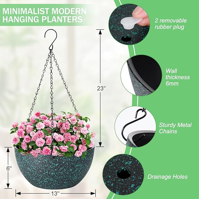 10 inch Hanging Planters for Indoor Plants, 2 Pack Planters for Outdoor Plants with Drainage Holes and Chain, Round Plastic Hanging Baskets, Hanging Flower Pots for Balcony Garden Decor-Black Speckle-Ruum Studio Home