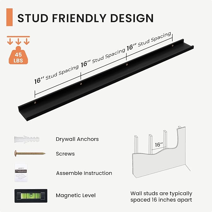 Solid Ash Wood Picture Ledge Shelf, Floating Shelves Set of 2, 56 Inch Long Large Ledge Shelves, Nursery Book Shelves Wall Mounted for Living Room Bedroom Kitchen Decor Kids Bookshelf, Black-Ruum Studio Home