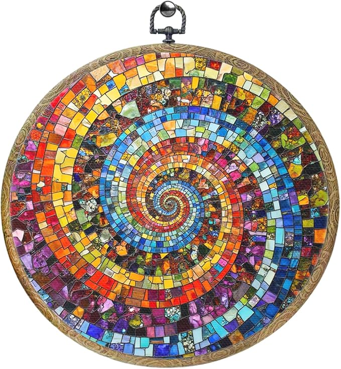 Colorful Glass Style Colorful Geometric Decoration Gift for Art Lovers Framed Round Wall Decor Canvas Wall Art Hanging Prints Artwork for Home Nursery Bedroom Living Room Decorations 10.2X10.2 Inch-Ruum Studio Home