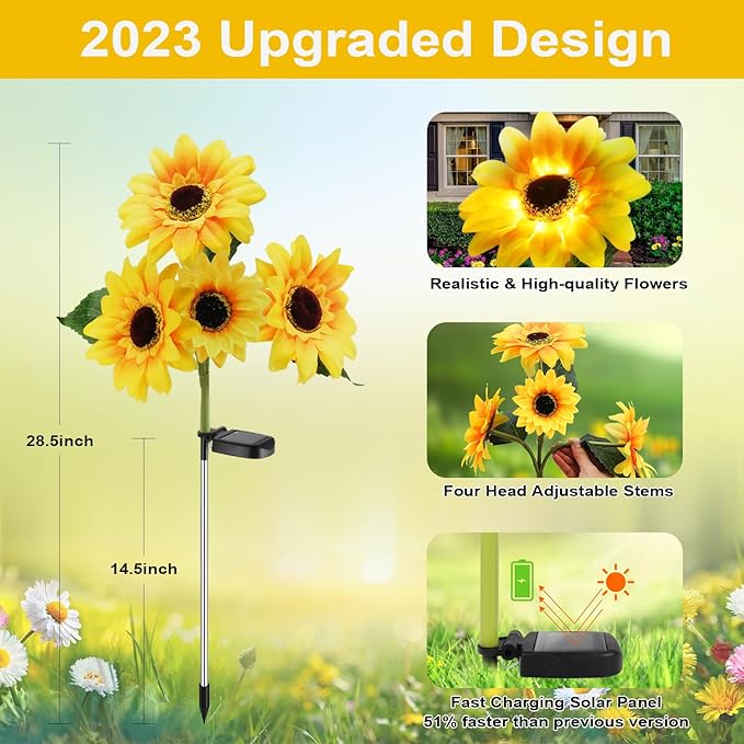 Outdoor Solar Garden Stake Lights,Upgraded LED Solar Powered Light with 3 Sunflower, Waterproof Solar Decorative Lights for Garden, Patio, Backyard (2 Pack 8 Flower)-Ruum Studio Home